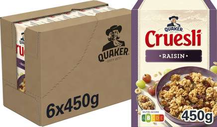 Quaker Cruesli - Ontbijtgranen - Rozijn & Hazelnoot  - 450 gr - Doos 6 pak