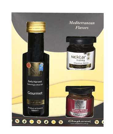 Giftset Extra Olive oil & Kalamon Olive pasta & Chestnut Honey